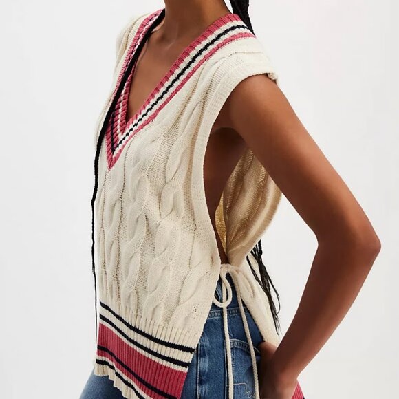 new FREE PEOPLE coastal tie side prep cableknit sweater vest one size - Picture 1 of 2